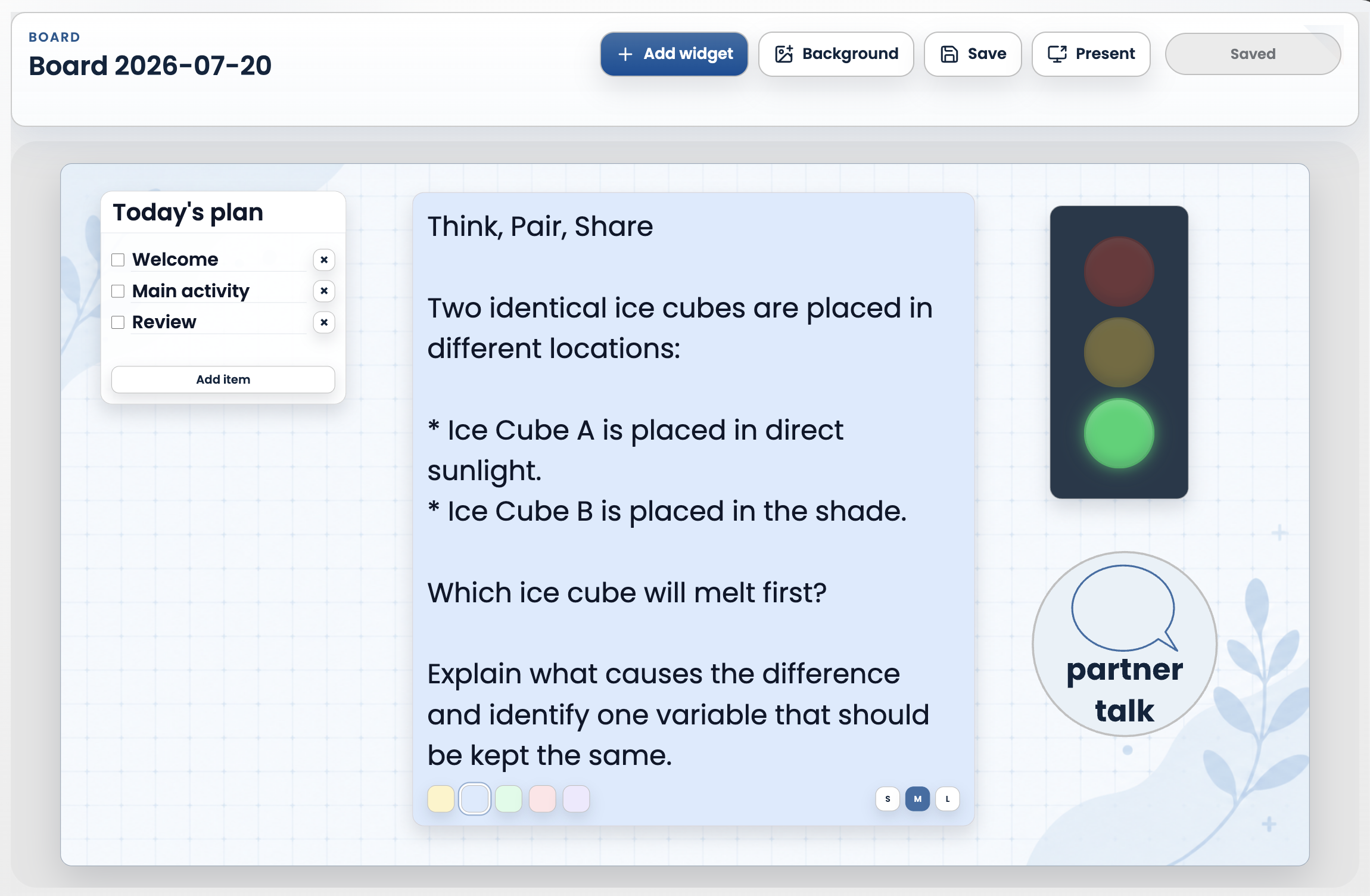 PRISM classroom board showing a lesson agenda, discussion prompt, traffic light and partner-talk cue.