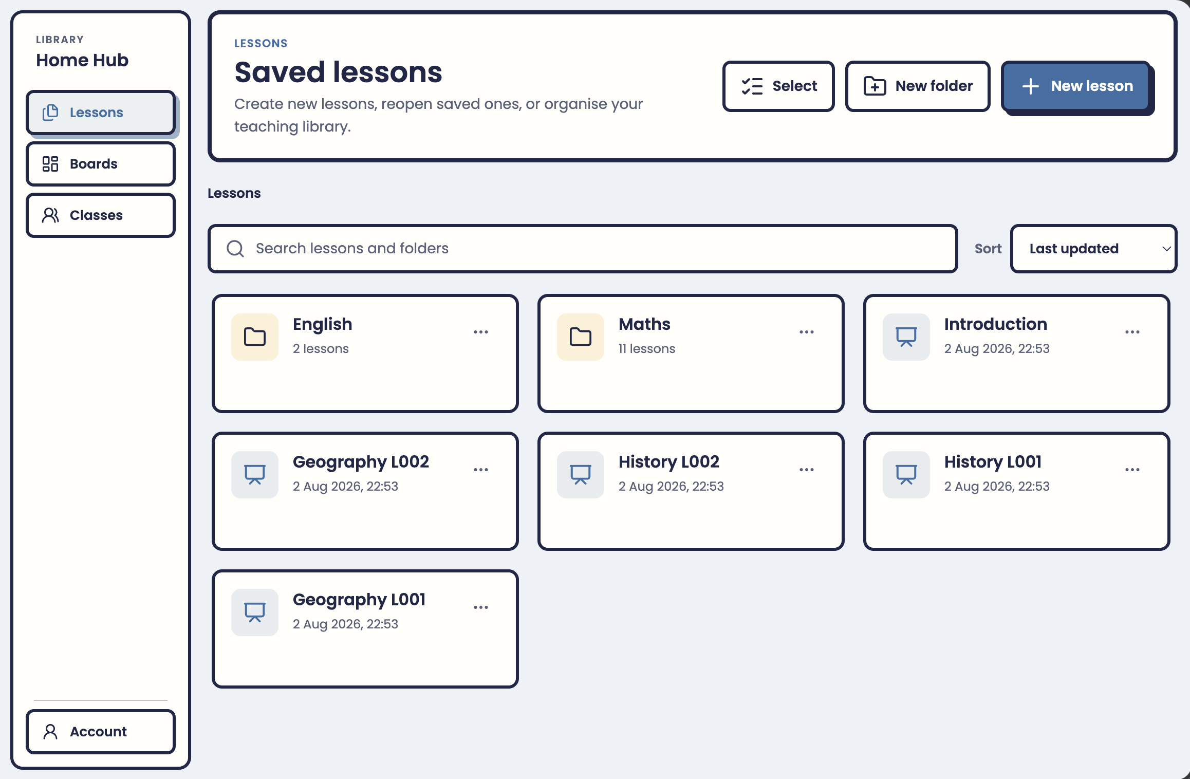 PRISM Home Hub showing saved lessons, boards and classes.
