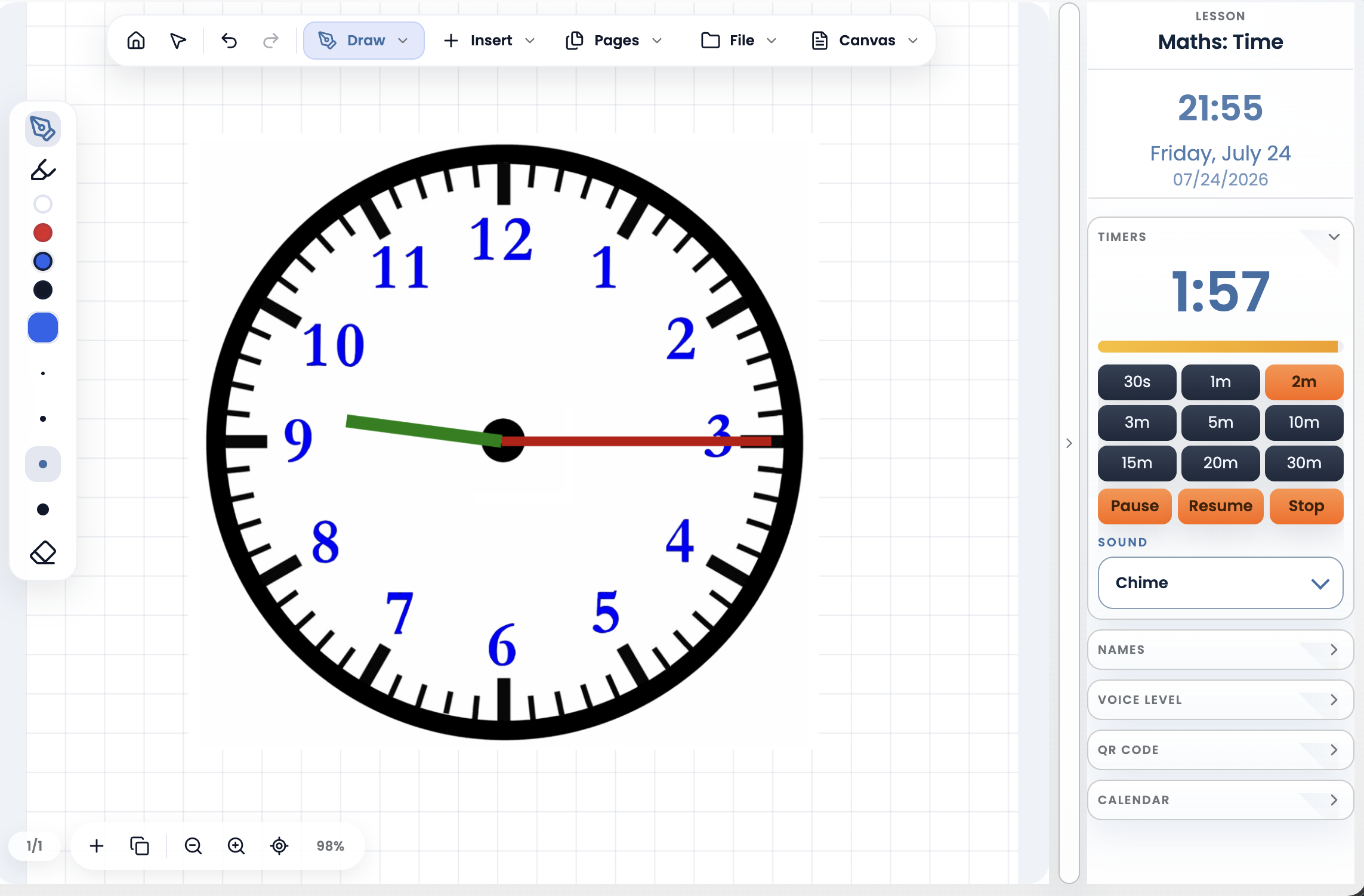PRISM lesson canvas showing an analogue clock activity with drawing tools and a classroom timer.