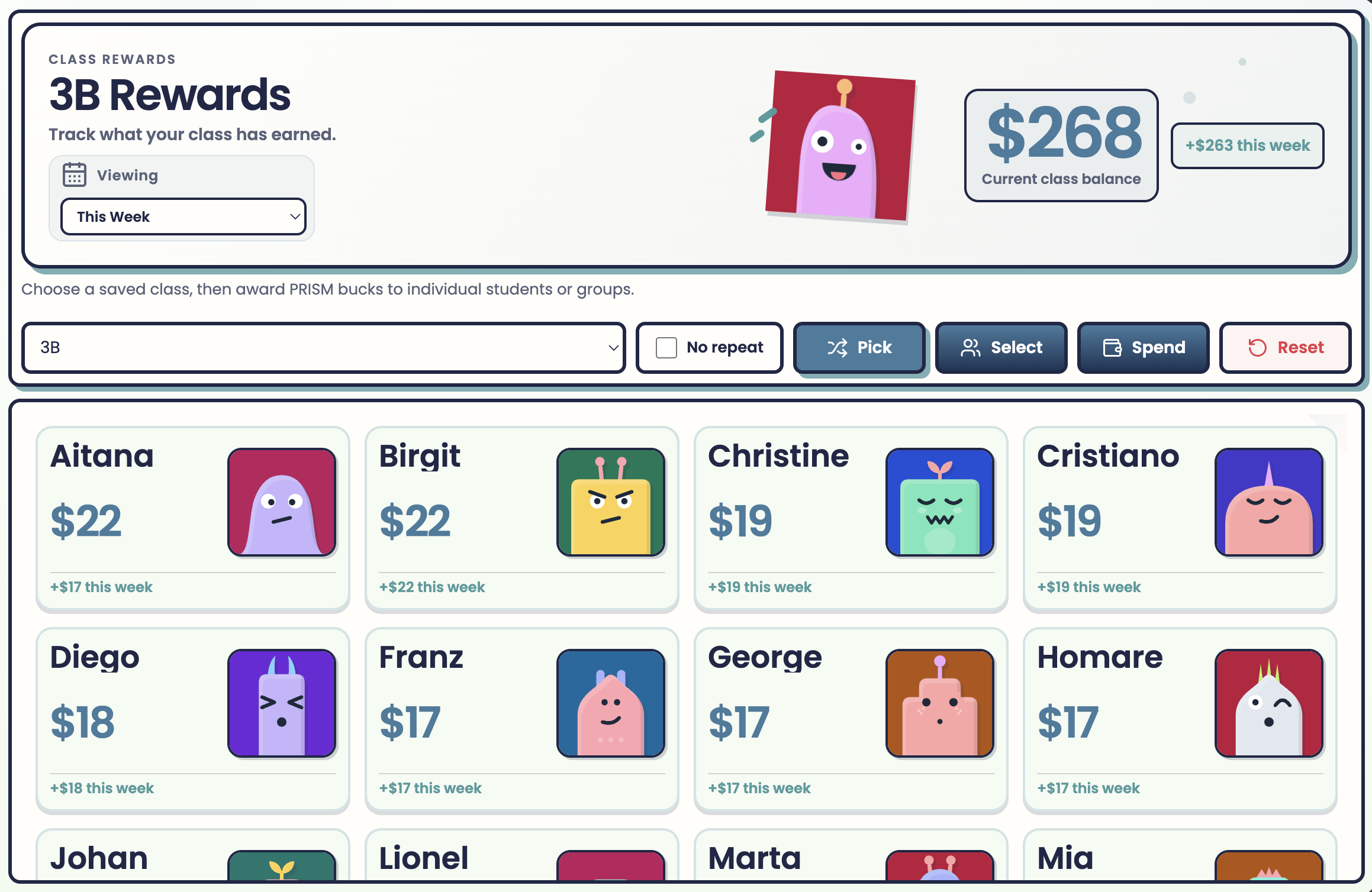 PRISM Rewards showing a student reward balance, recent awards and reward options.